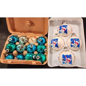 Vintage Glass Christmas Ornaments Set Of 16 Snowman Design Teal Balls
